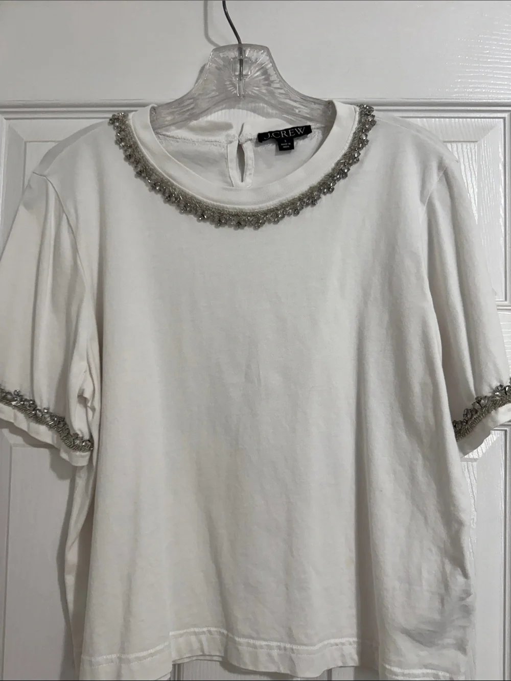 J. Crew White Short Sleeve Tee with Beaded Trim